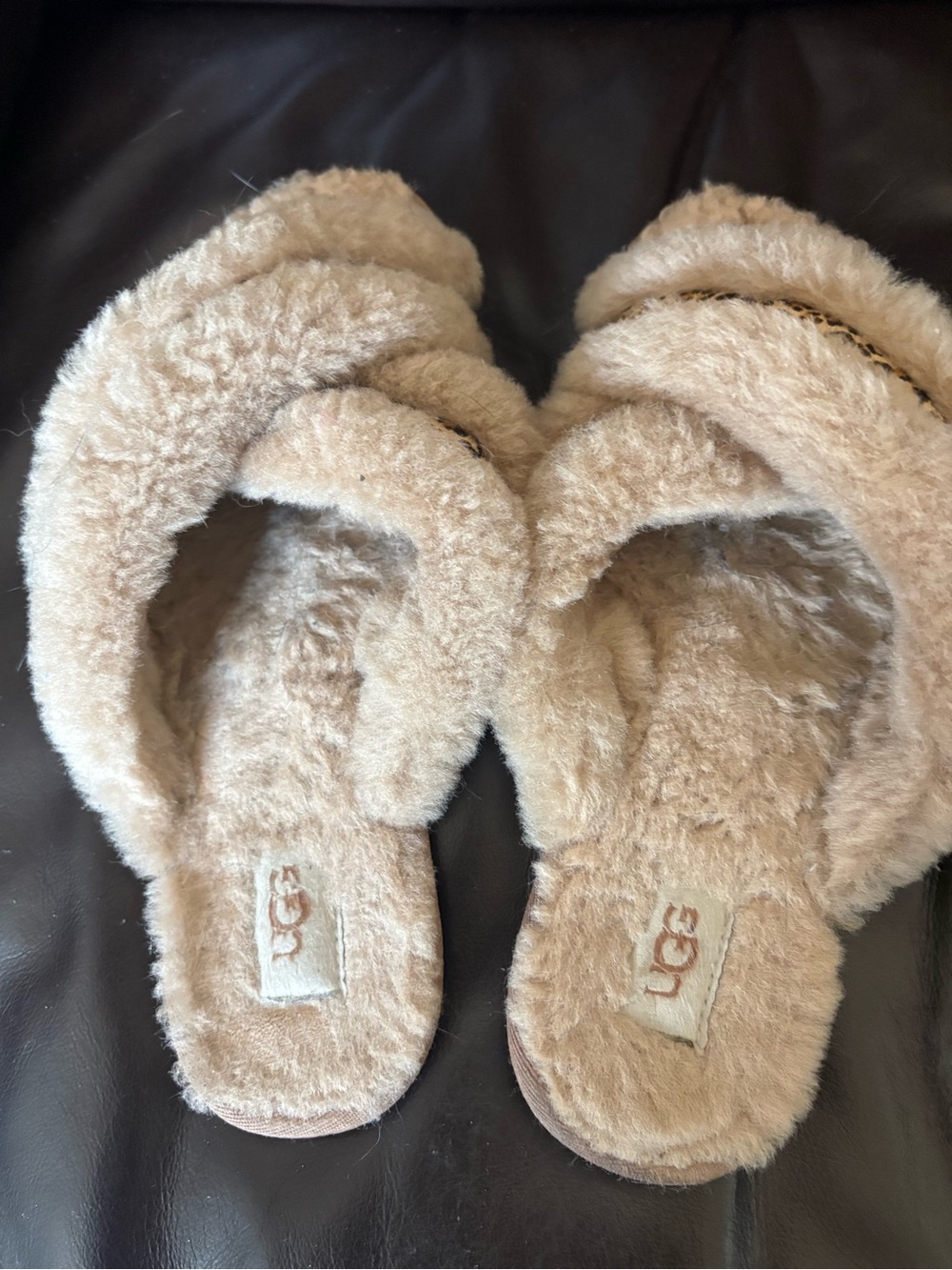 UGG Plush Cross-Band Shearling Slippers in Sand
